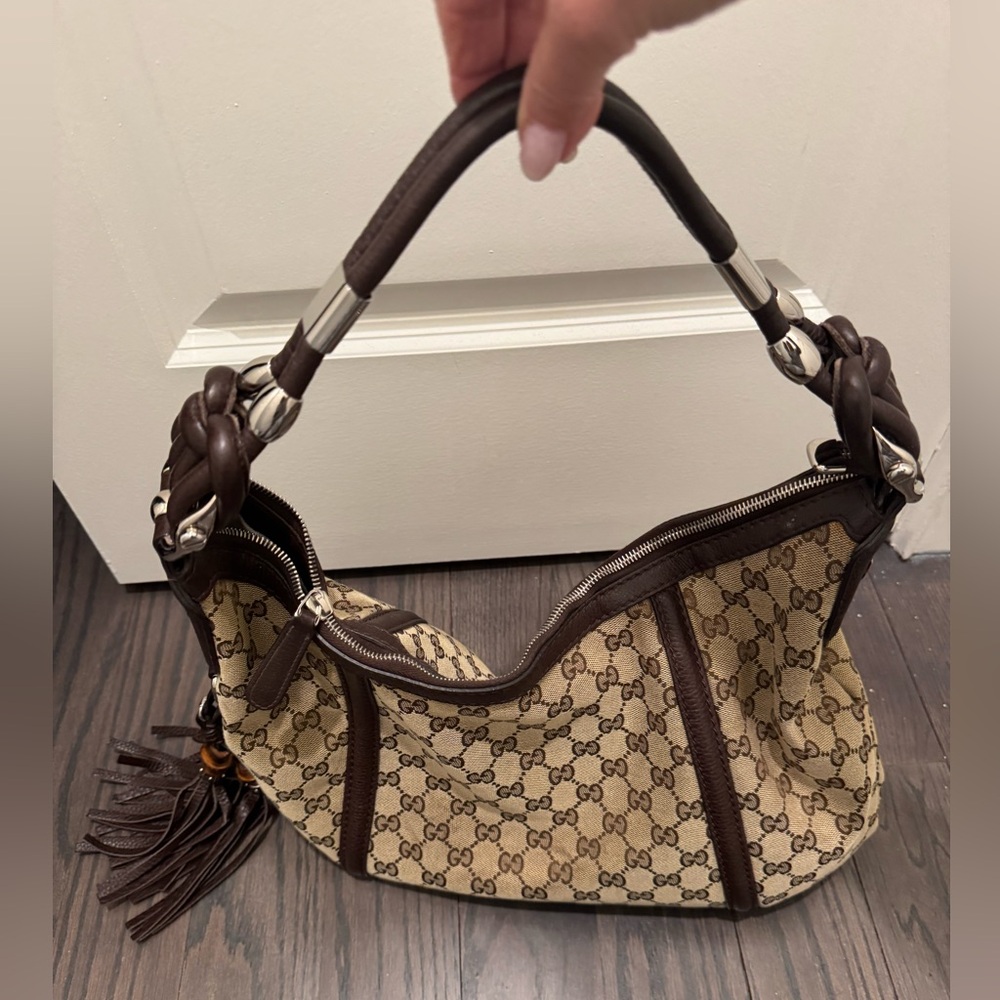 Classic Gucci logo Brown and Tan Women's Bag with tassel and brown leather trim